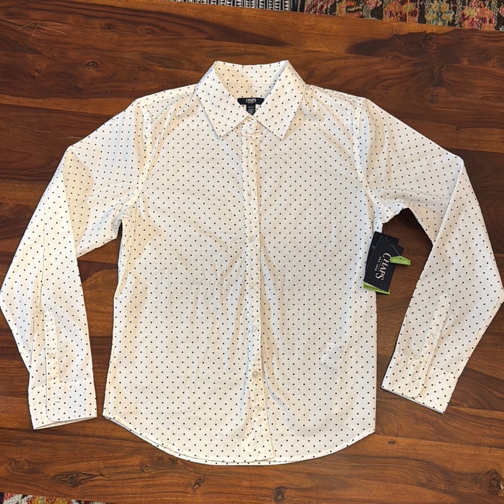 Chaps Cream Shirt with Black Polka Dots